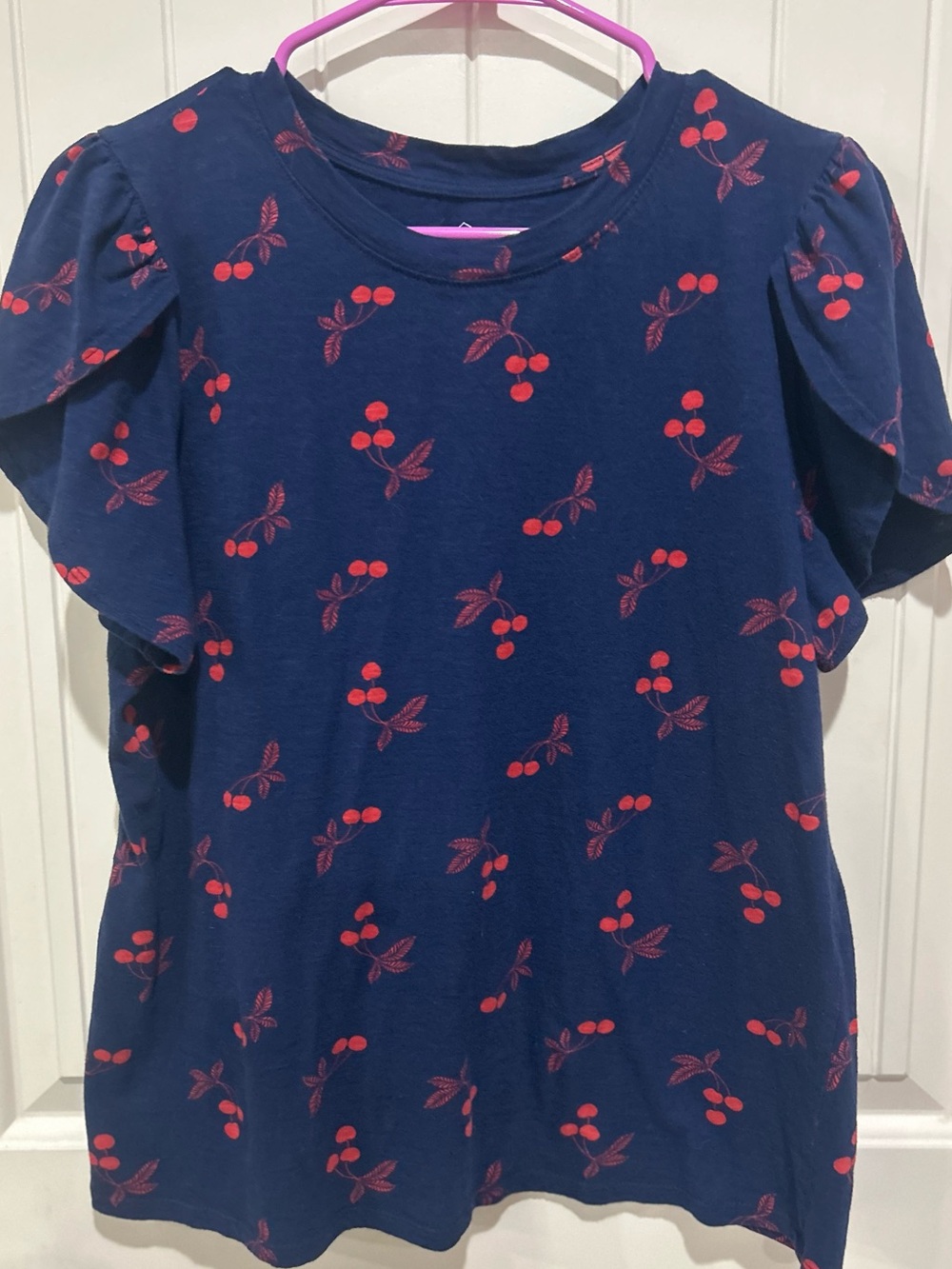 St. John's Bay Navy Top with Red Cherry Print and Flutter Sleeves